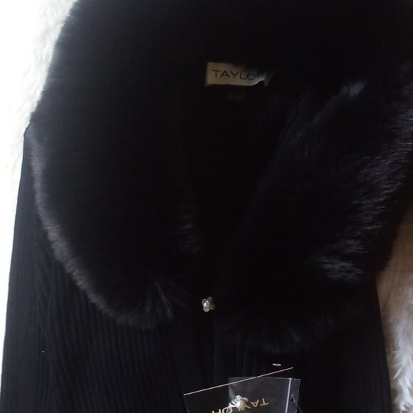🎀TAYLOR Onyx Mini Sweater Dress w/Faux Fur Collared Cardigan Set  (L) NWT - Picture 7 of 11
